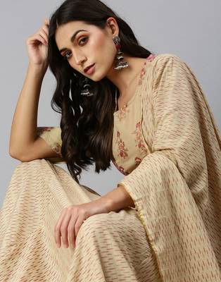 women's round neck chevron foil print beige straight top and skirt with dupatta 2