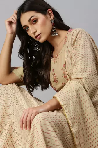 women's round neck chevron foil print beige straight top and skirt with dupatta