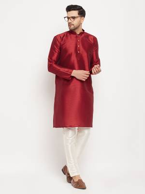 Maroon And Cream Silk Blend Kurta Pyjama Set 1