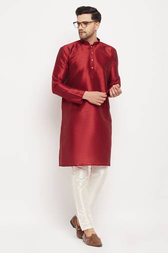 Men'S Maroon And Cream Silk Blend Kurta Pyjama Set