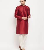 Men'S Maroon And Cream Silk Blend Kurta Pyjama Set