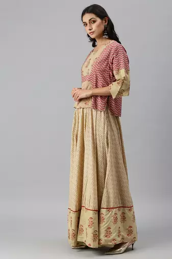 women's round neck chevron foil print beige straight top and skirt with dupatta