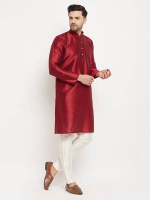 Maroon And Cream Silk Blend Kurta Pyjama Set 2