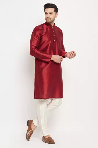 Maroon And Cream Silk Blend Kurta Pyjama Set