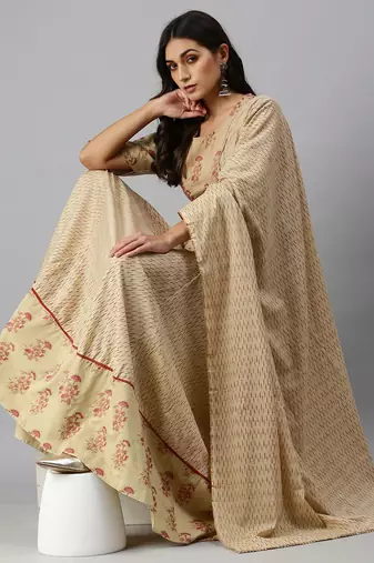 women's round neck chevron foil print beige straight top and skirt with dupatta