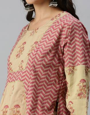 women's round neck chevron foil print beige straight top and skirt with dupatta 5
