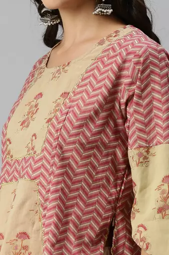 women's round neck chevron foil print beige straight top and skirt with dupatta