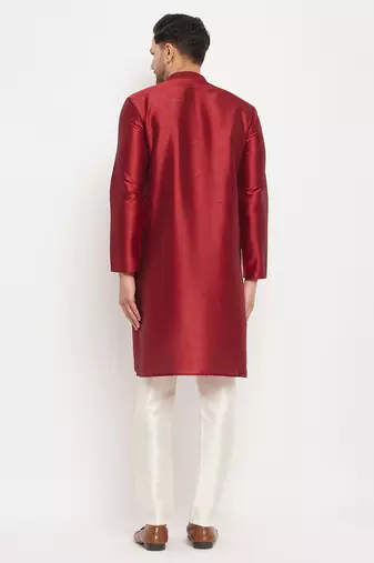Maroon And Cream Silk Blend Kurta Pyjama Set
