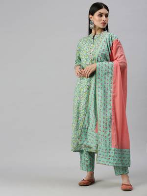 women's mandarin collar floral foil print teal straight kurta and trouser with dupatta 1