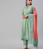 women's mandarin collar floral foil print teal straight kurta and trouser with dupatta