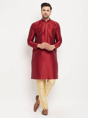 Maroon And Gold Silk Blend Kurta Pyjama Set 1