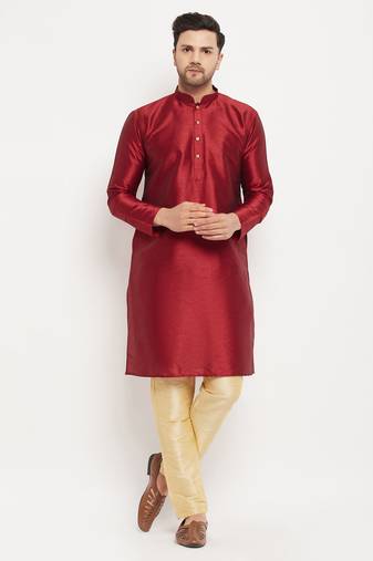 Men'S Maroon And Gold Silk Blend Kurta Pyjama Set