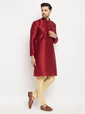 Maroon And Gold Silk Blend Kurta Pyjama Set 2