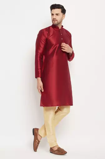 Maroon And Gold Silk Blend Kurta Pyjama Set