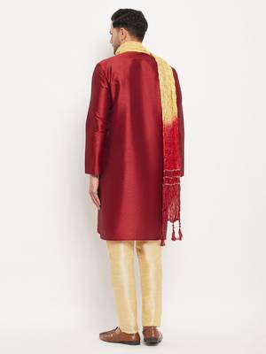 Maroon And Gold Silk Blend Kurta Pyjama Set 3