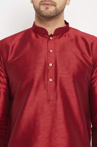 Maroon And Gold Silk Blend Kurta Pyjama Set