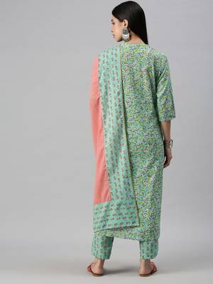 women's mandarin collar floral foil print teal straight kurta and trouser with dupatta 2
