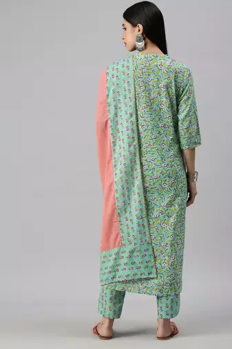 women's mandarin collar floral foil print teal straight kurta and trouser with dupatta