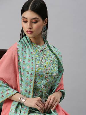 women's mandarin collar floral foil print teal straight kurta and trouser with dupatta 3