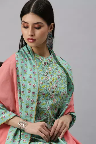women's mandarin collar floral foil print teal straight kurta and trouser with dupatta