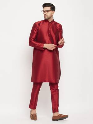 Maroon Silk Blend Kurta Pyjama Set 1