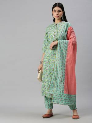 women's mandarin collar floral foil print teal straight kurta and trouser with dupatta 4