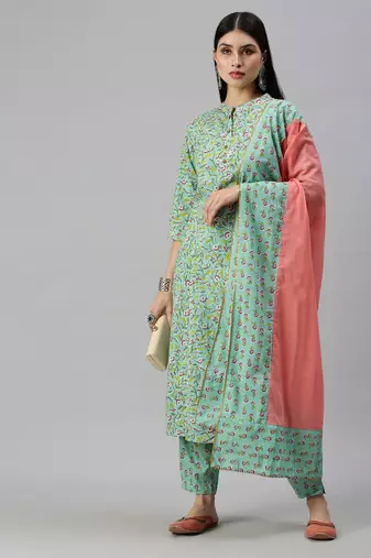 women's mandarin collar floral foil print teal straight kurta and trouser with dupatta