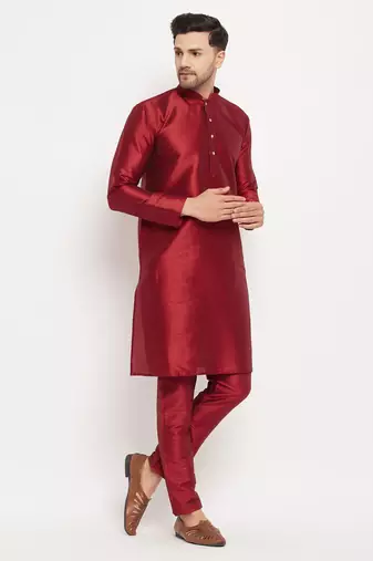 Maroon Silk Blend Kurta Pyjama Set