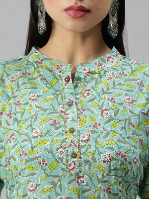 women's mandarin collar floral foil print teal straight kurta and trouser with dupatta 5