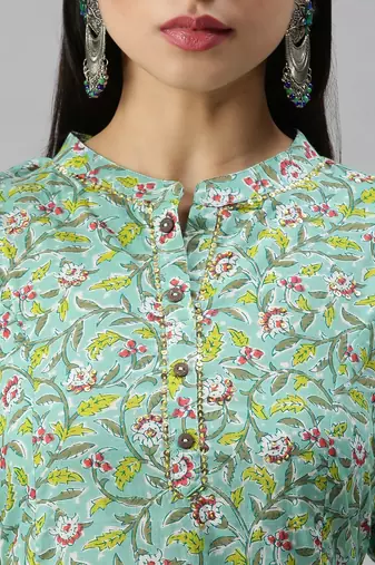 women's mandarin collar floral foil print teal straight kurta and trouser with dupatta