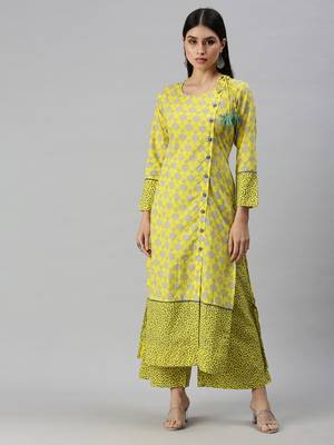 women's round neck floral foil print yellow straight kurta and palazzos with dupatta 1