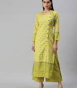 women's round neck floral foil print yellow straight kurta and palazzos with dupatta