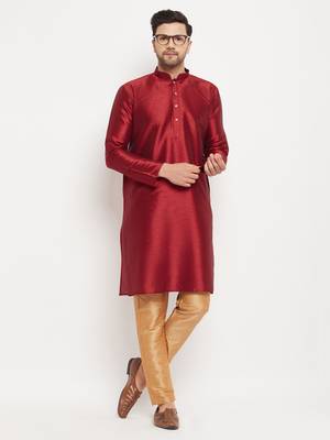 Maroon And Rose Gold Silk Blend Kurta Pyjama Set 1