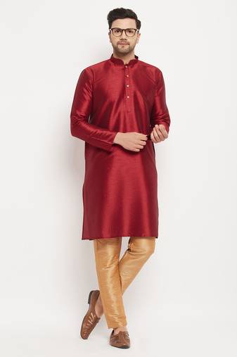 Men'S Maroon And Rose Gold Silk Blend Kurta Pyjama Set