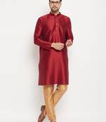 Men'S Maroon And Rose Gold Silk Blend Kurta Pyjama Set