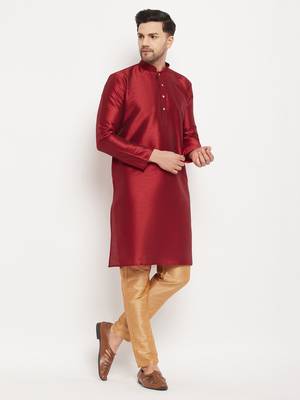 Maroon And Rose Gold Silk Blend Kurta Pyjama Set 2