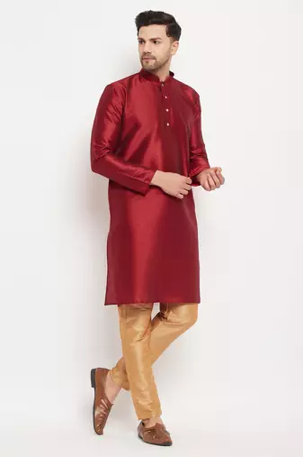 Maroon And Rose Gold Silk Blend Kurta Pyjama Set