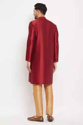 Maroon And Rose Gold Silk Blend Kurta Pyjama Set