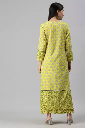 women's round neck floral foil print yellow straight kurta and palazzos with dupatta