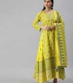 women's round neck floral foil print yellow anarkali kurta and palazzos with dupatta