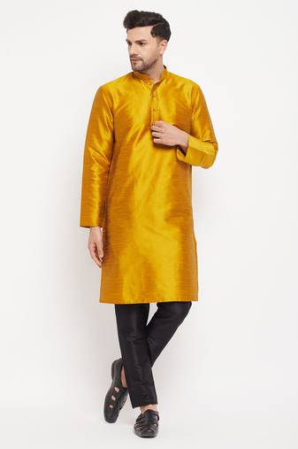 Men'S Mustard And Black Silk Blend Kurta Pyjama Set
