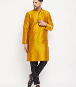 Men'S Mustard And Black Silk Blend Kurta Pyjama Set