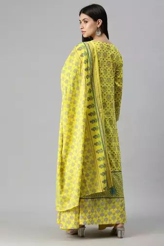 women's round neck floral foil print yellow anarkali kurta and palazzos with dupatta