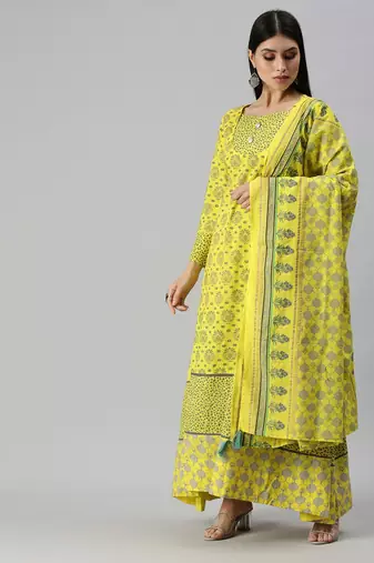 women's round neck floral foil print yellow anarkali kurta and palazzos with dupatta