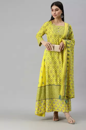 women's round neck floral foil print yellow anarkali kurta and palazzos with dupatta