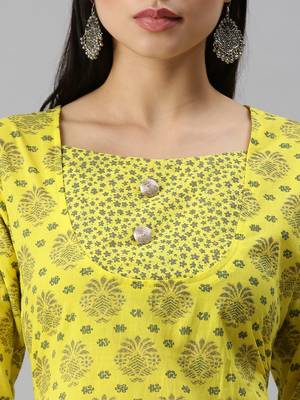 women's round neck floral foil print yellow anarkali kurta and palazzos with dupatta 5