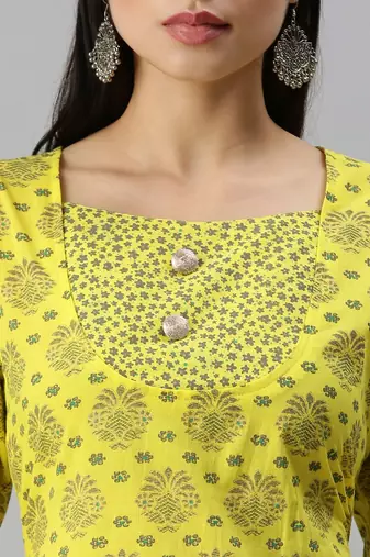 women's round neck floral foil print yellow anarkali kurta and palazzos with dupatta