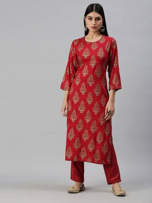 women's round neck floral sequinned red straight kurta and trouser 1