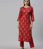women's round neck floral sequinned red straight kurta and trouser