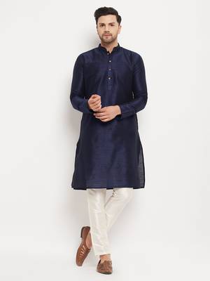 Navy Blue And Cream Silk Blend Kurta Pyjama Set 1